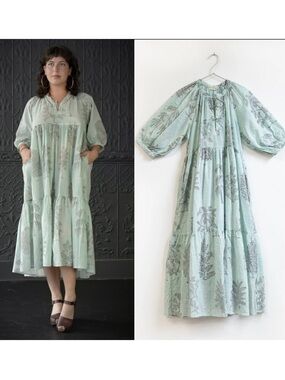 MATTA NY Katia Trees Midi Dress Aqua Water Stripe Cotton Cottagecore Size S